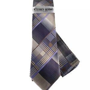 Stacy Adams Men's Tie & Hanky Beige Purple Rust Lilac Silver Plaids 3.25" Wide